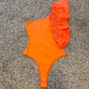 Orange Ruffled One-Shoulder Bodysuit